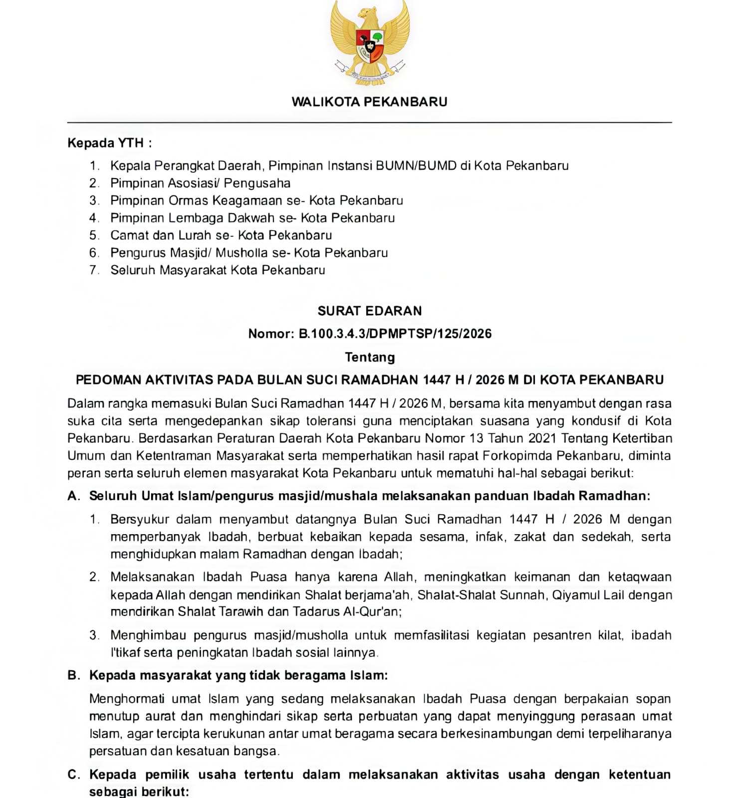 Pemko Pekanbaru Terbitkan SE Pedoman Aktivitas Masyarakat Selama Ramadan, Ini Isinya!