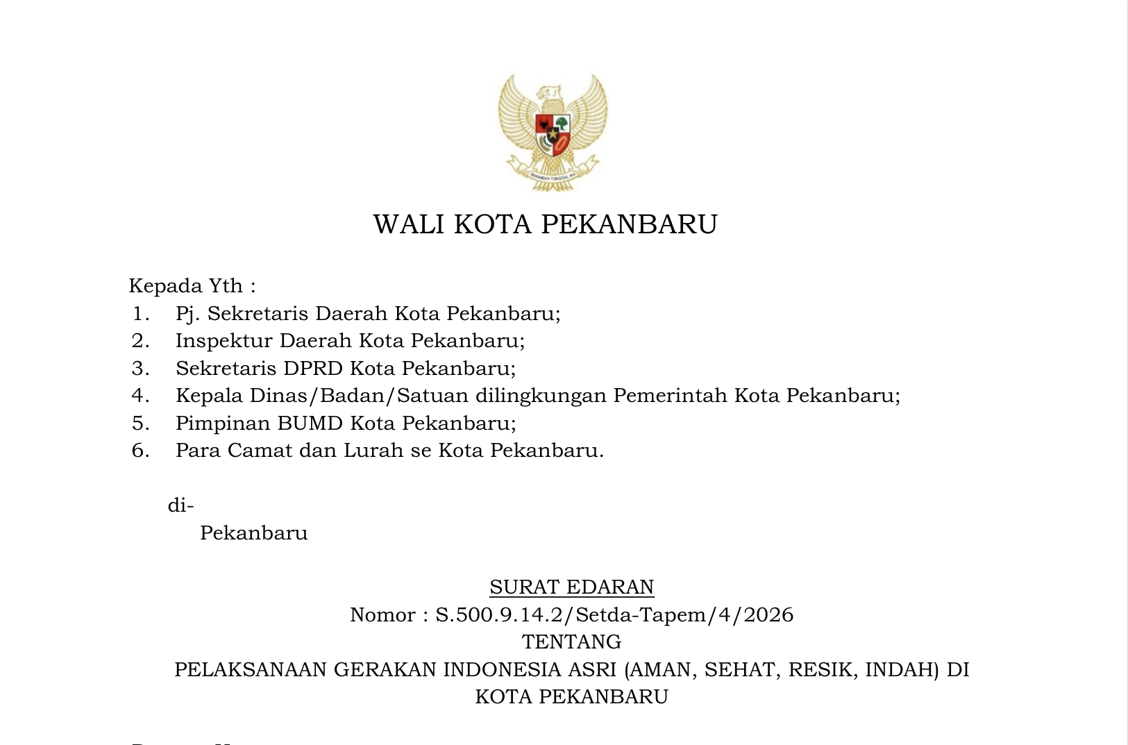 Wako Pekanbaru Terbitkan Surat Edaran Tentang Pelaksanaan Gerakan Indonesia ASRI